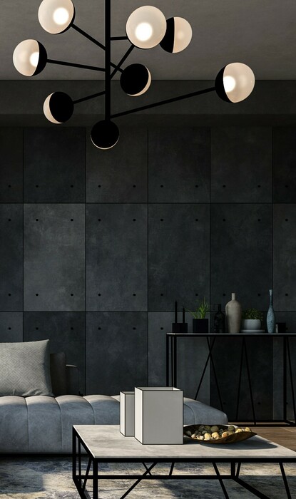 Moderne Luxus-Stadtwohnung mit grauen Wänden und minimalistischer Einrichtung. Alles sehr dunkel in Schwarz und Grautönen gehalten.